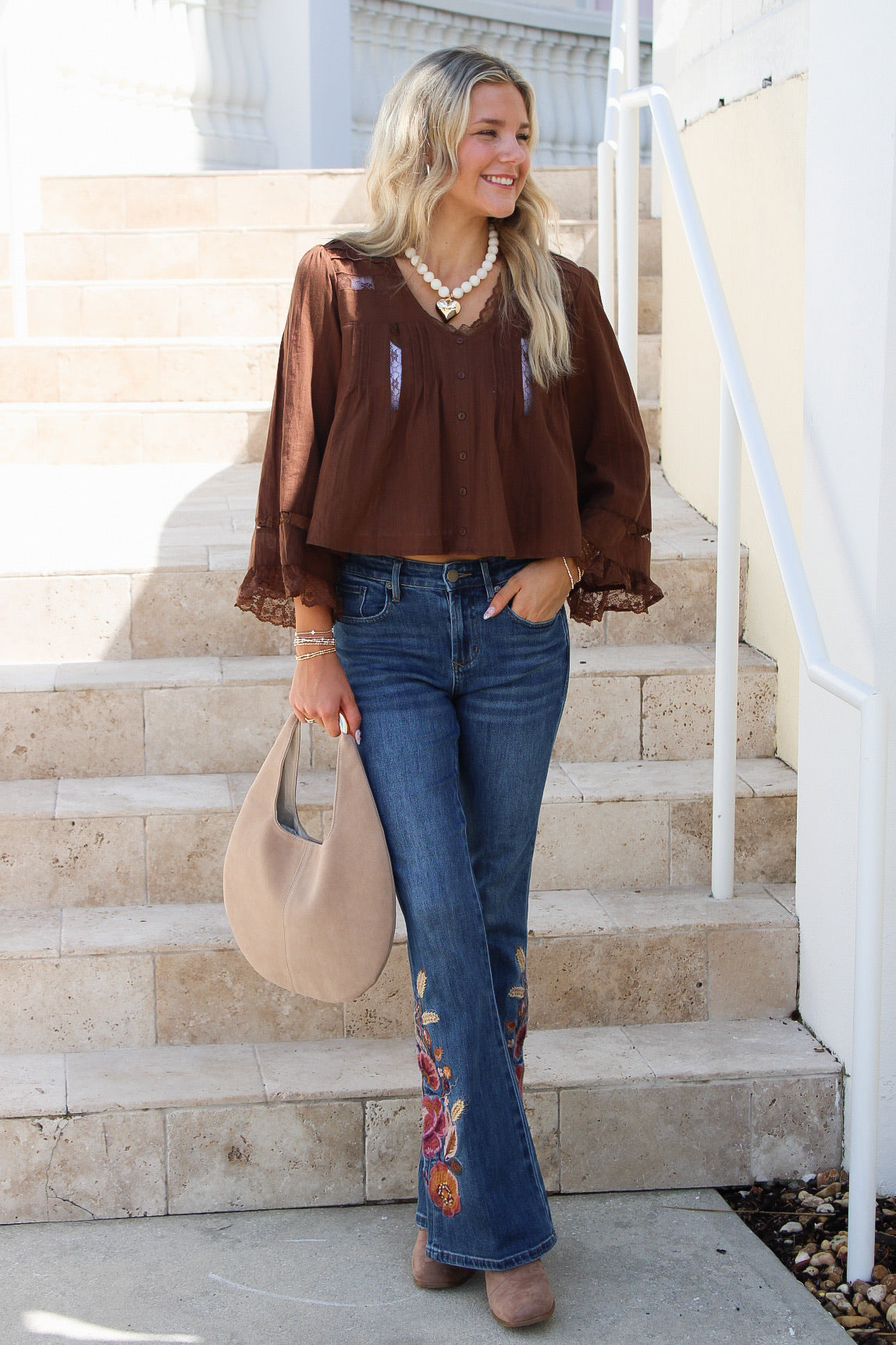 Delicate Intentions Lace Trim Top - Brown