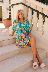 Spring Bloom Floral Mini Dress - Green Multi