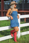 At The Game Bubble Mini Dress - Medium Wash