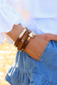 Pebble Shape Cylinder Bracelet Set - Brown