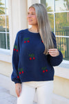 Cherry Bliss Long Sleeve Sweater - Navy