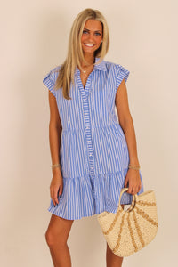 Seaside Stroll Button Down Mini Dress - Blue