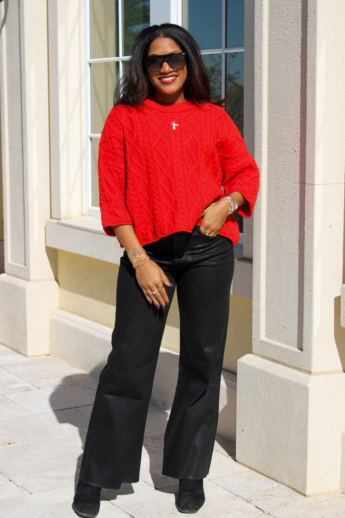 Cozy Farmhouse Cable Knit Sweater - Red