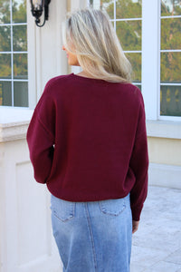 Snuggle Up Teddy Crew Neck Knit Sweater - Burgundy