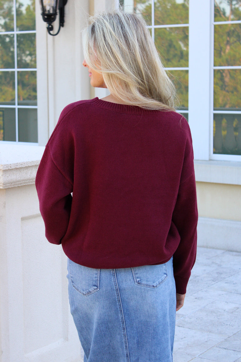 Snuggle Up Teddy Crew Neck Knit Sweater - Burgundy