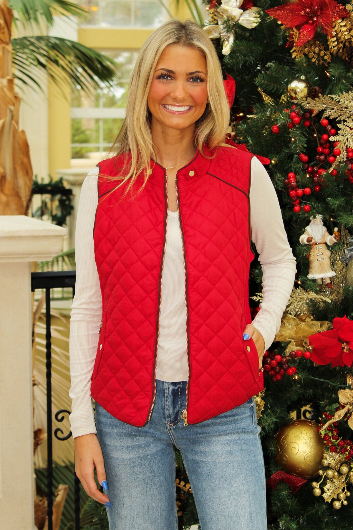At The Lodge Quilted Padded Vest - Red