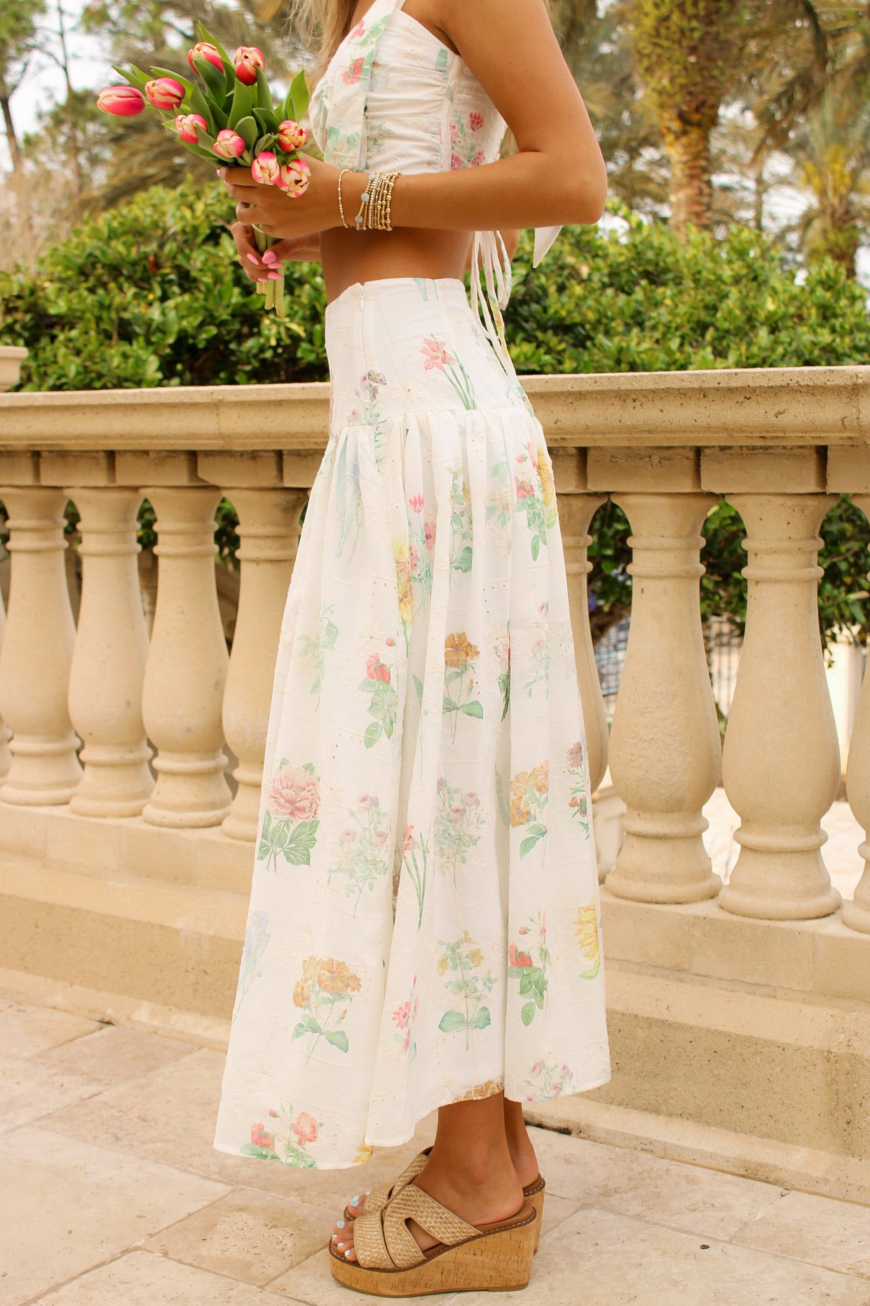 Spring Meadows Floral Printed Midi Skirt - Cream