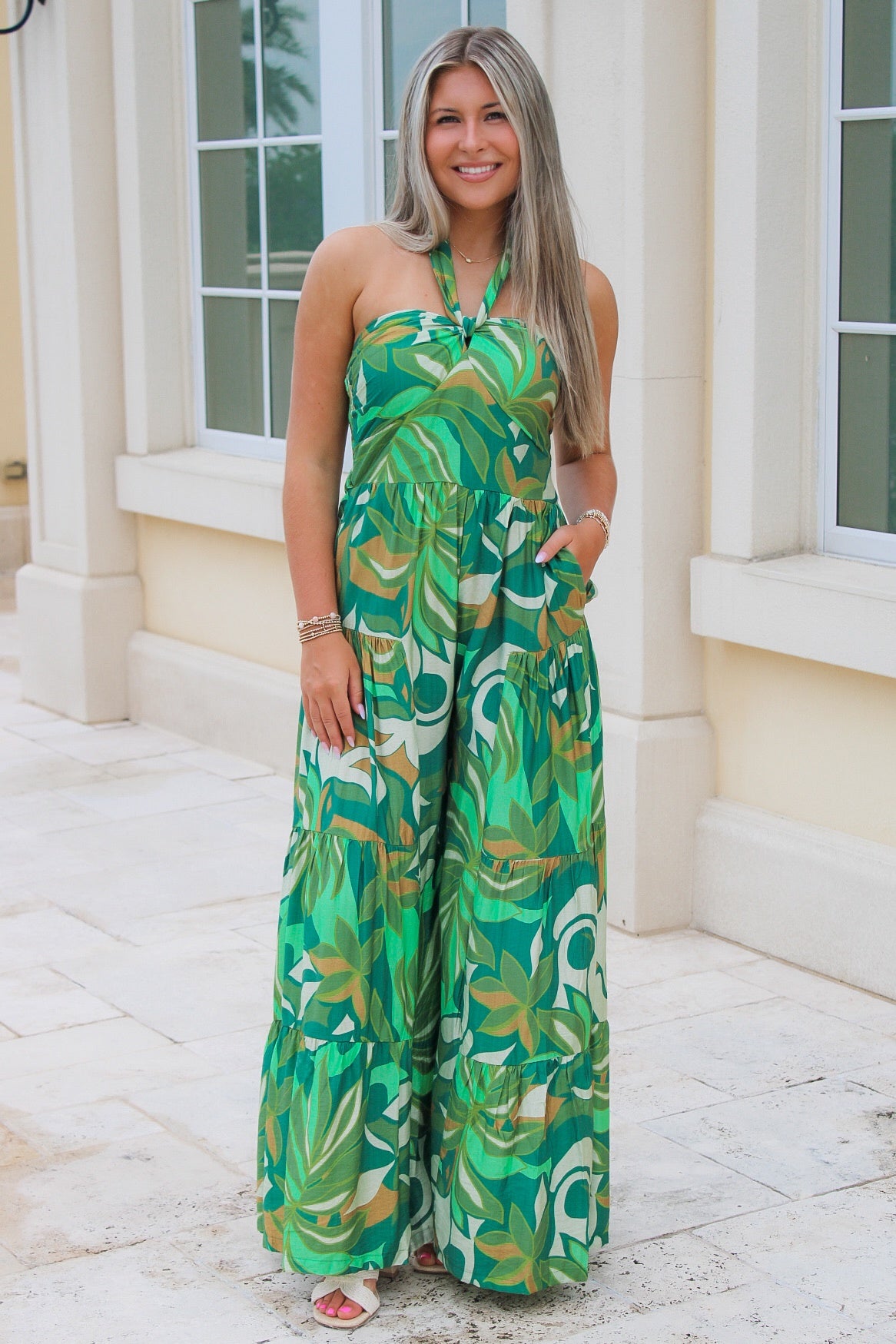 green jumpsuit dress Dance Party Nights Halter Neck - emerald green jumpsuit