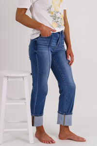 Amanda High Rise Ankle Straight Wide Cuff Jeans - Med Wash