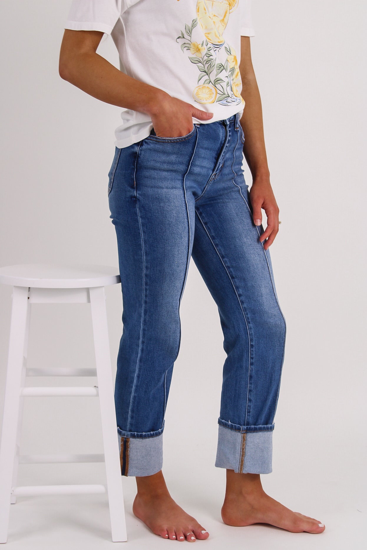 Amanda High Rise Ankle Straight Wide Cuff Jeans - Med Wash