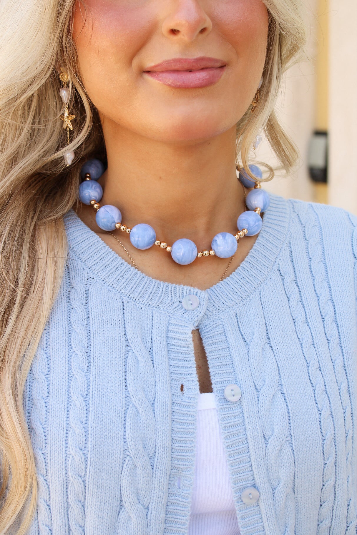 Marble Beaded Ball Necklace - Blue