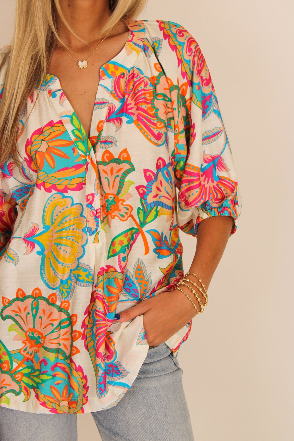 Spring Florals Split Neck Top - Multi