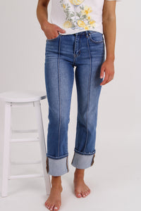 Amanda High Rise Ankle Straight Wide Cuff Jeans - Med Wash