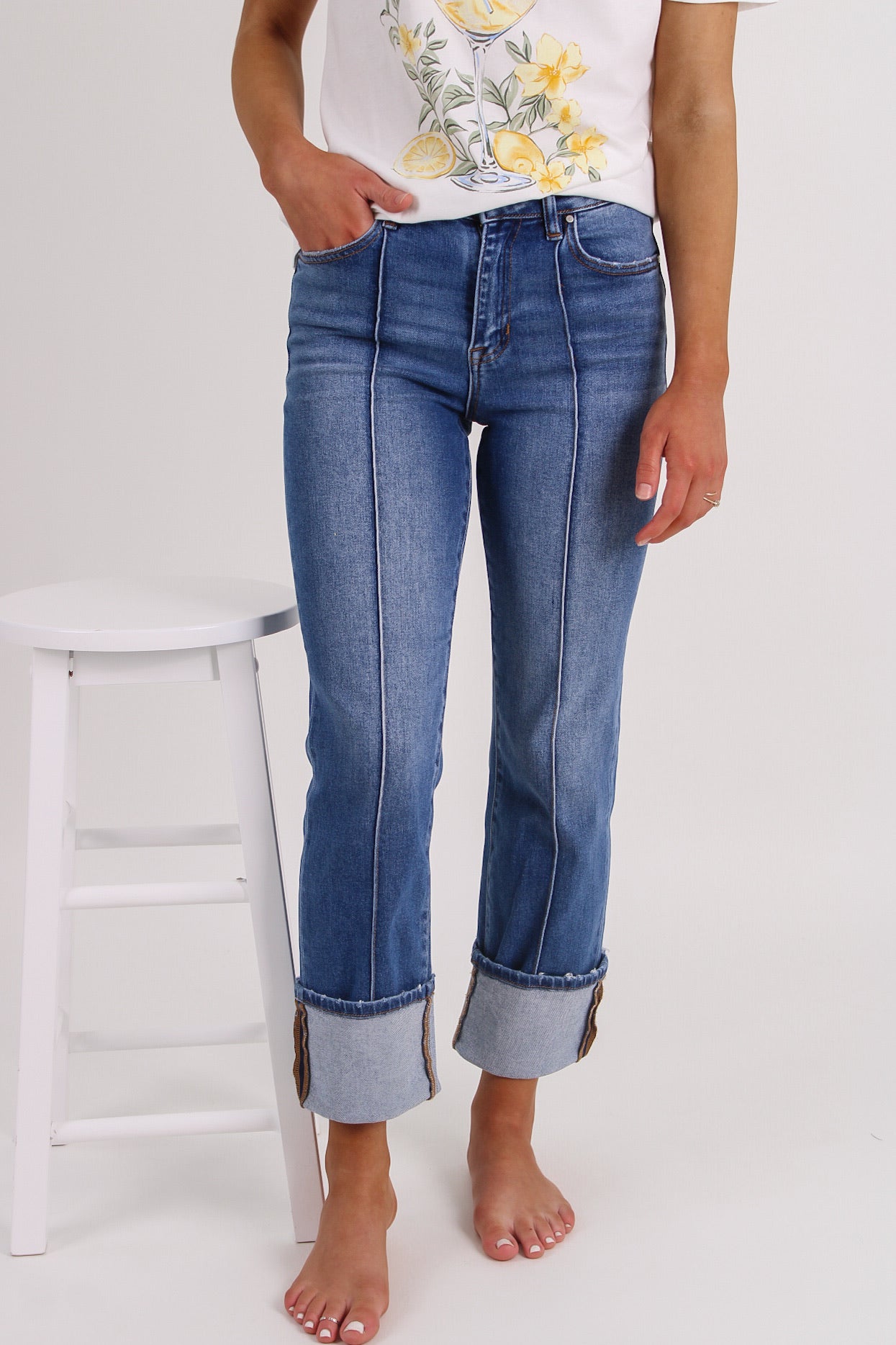 Amanda High Rise Ankle Straight Wide Cuff Jeans - Med Wash