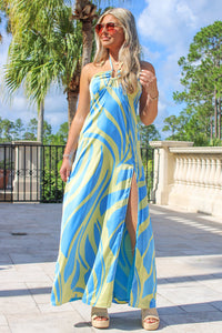 Ocean Waves Halter Maxi Dress - Blue/Green