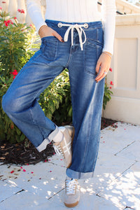Brandy Slouchy Crop Barrel Drawstring Jeans - Dk Wash