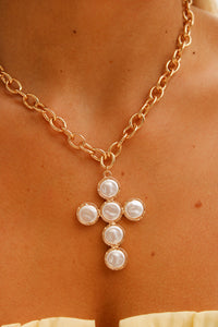 Feeling Blessed Pearl Cross Pendant Necklace - Gold