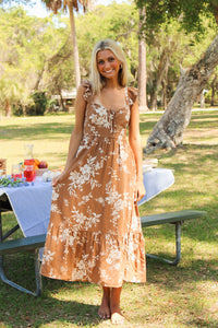 Desert Wildflower Floral Midi Dress - Brown
