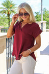 Positive Feelings Split Neck Button Top - Burgundy