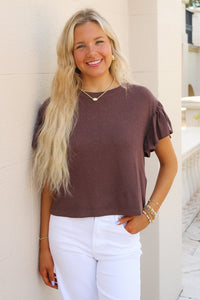 Sadie & Sage: Delphine Ruffle Sleeve Top - Brown