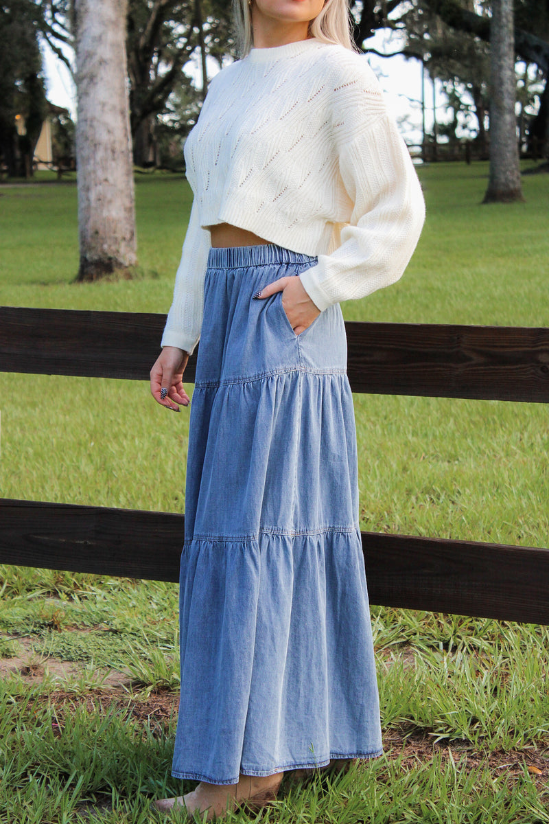 Southern Charm Tiered Maxi Skirt - Med Wash
