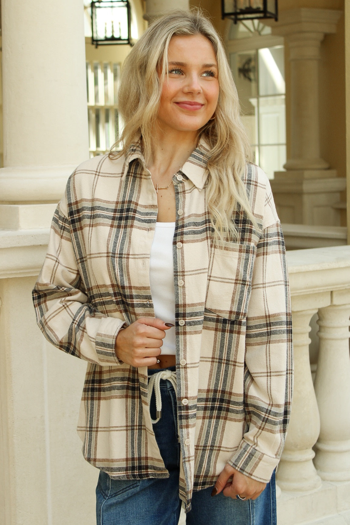 Perfectly Planned Plaid Button Down Top - Khaki Multi