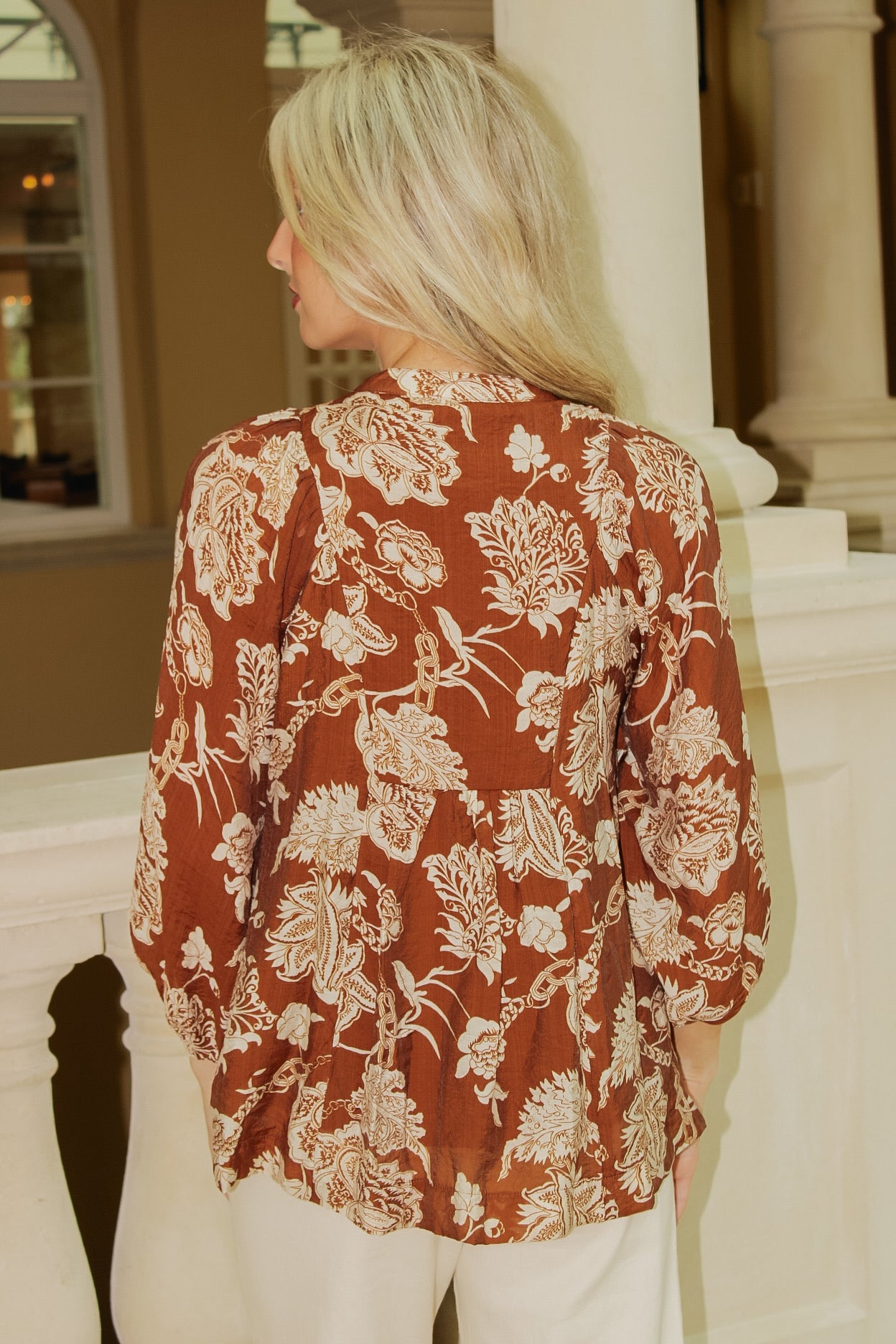 Amber Charm Floral Print Tie Top - Brown