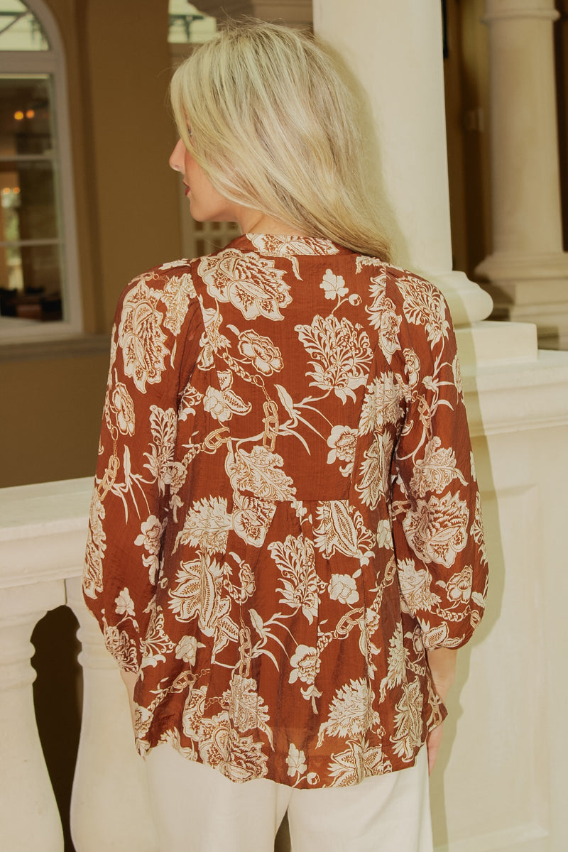 Amber Charm Floral Print Tie Top - Brown