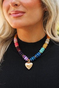 Marble Beaded Puffy Heart Necklace - Multi