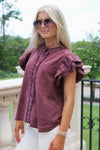 Cheer With Me Flutter Sleeve Top -  Wine
