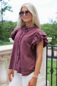 Cheer With Me Flutter Sleeve Top -  Wine