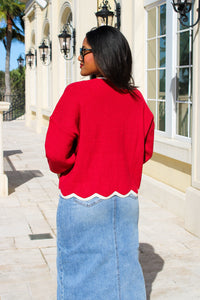 Charming Edge Contrast Trim Sweater - Crimson