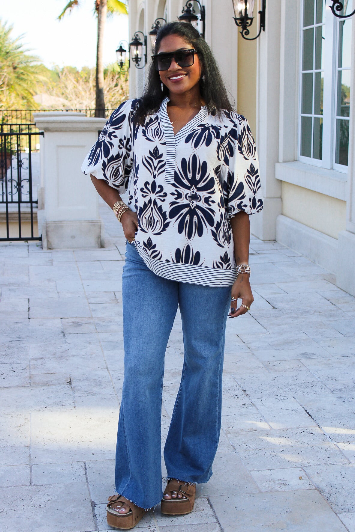 Pattern Play Bubble Sleeve Printed Top - Navy
