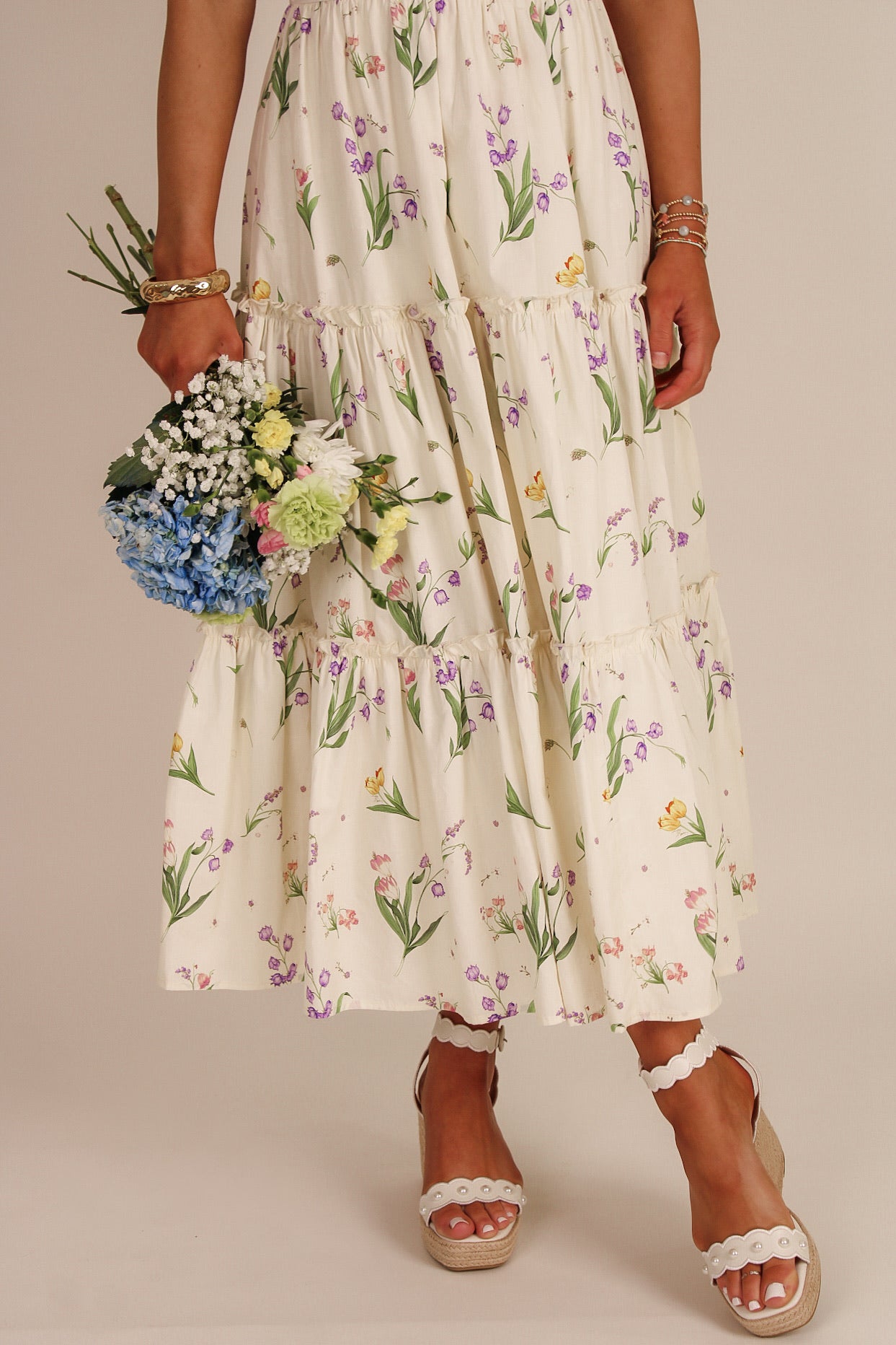 Dreaming Of Spring Floral Puff Sleeve Midi Dress - Cream