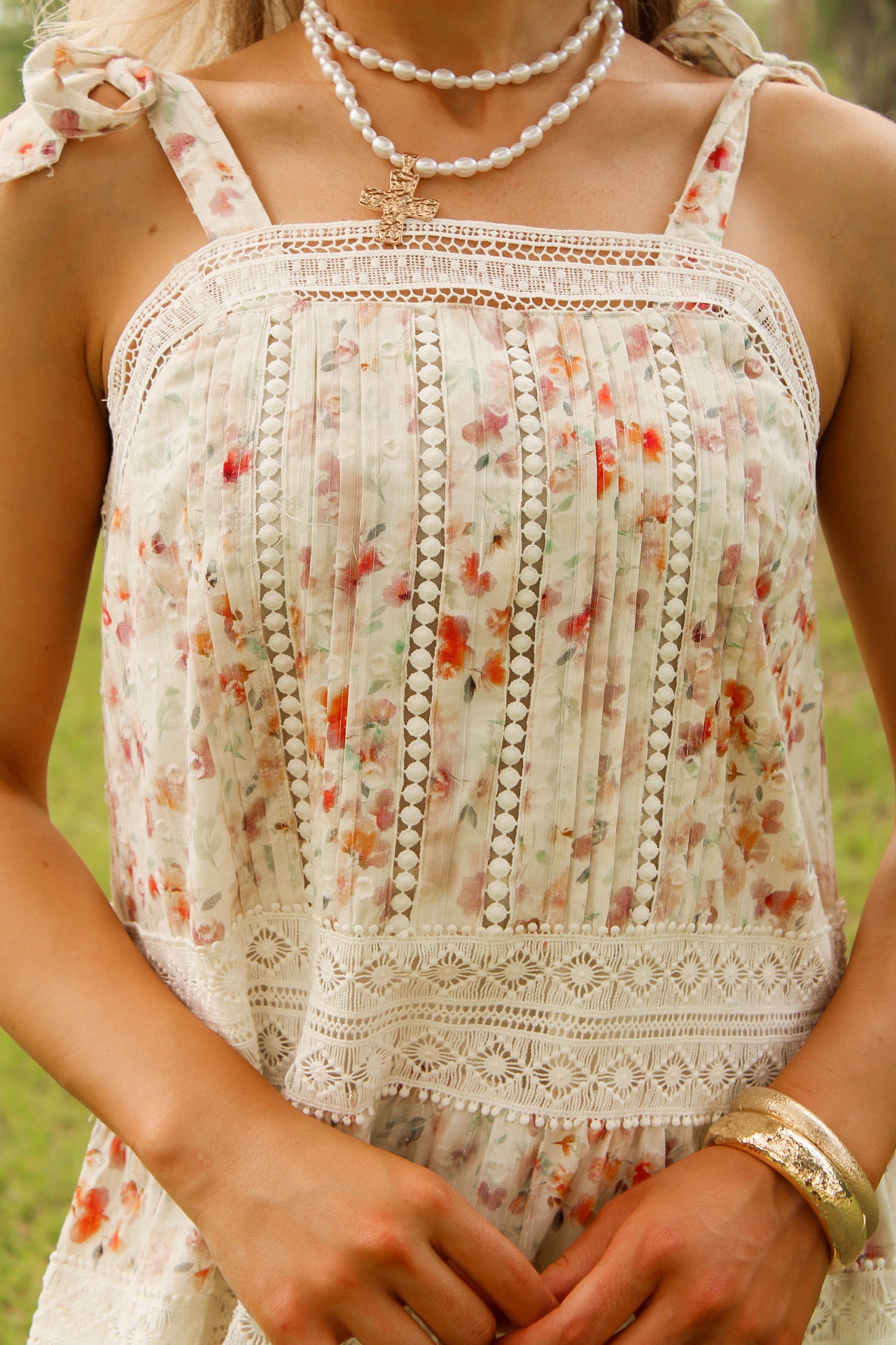 Sadie & Sage: Rosita Lace Trim Mini Dress - Cream Multi