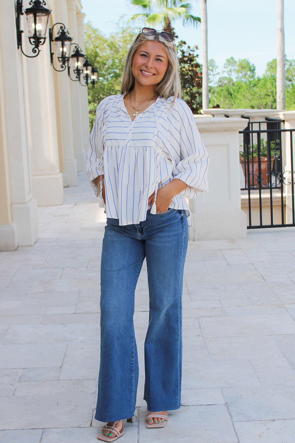 Chasing You Tie Front Striped Top - Blue