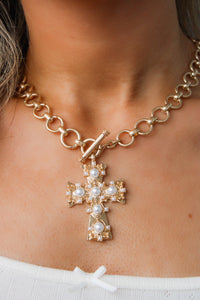 Pearl Studded Cross Necklace - Gold