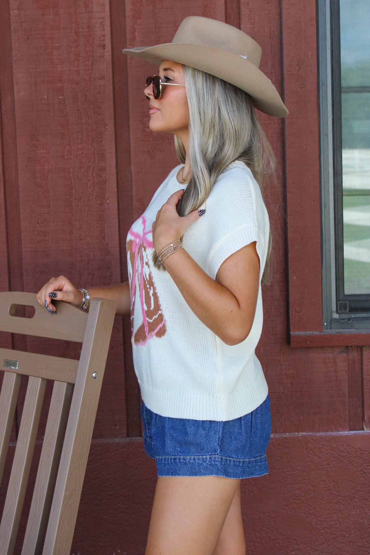 Boots & Bows Short Sleeve Knit Sweater - Cream