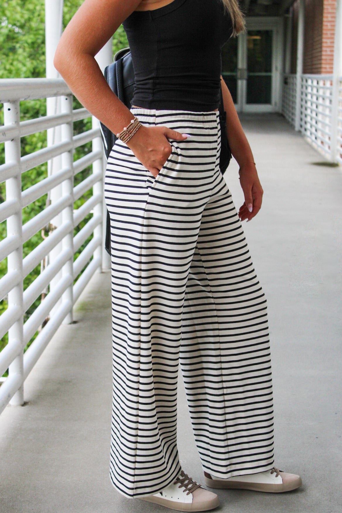 Stay On Track Wide Leg Pants - Black/White