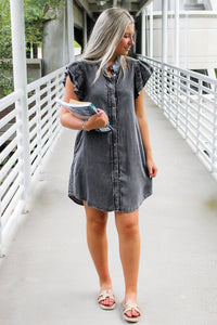 All I Want Button Down Ruffle Mini Dress - Black