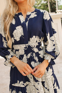 Fall Moments Floral Tiered Midi Dress - Navy