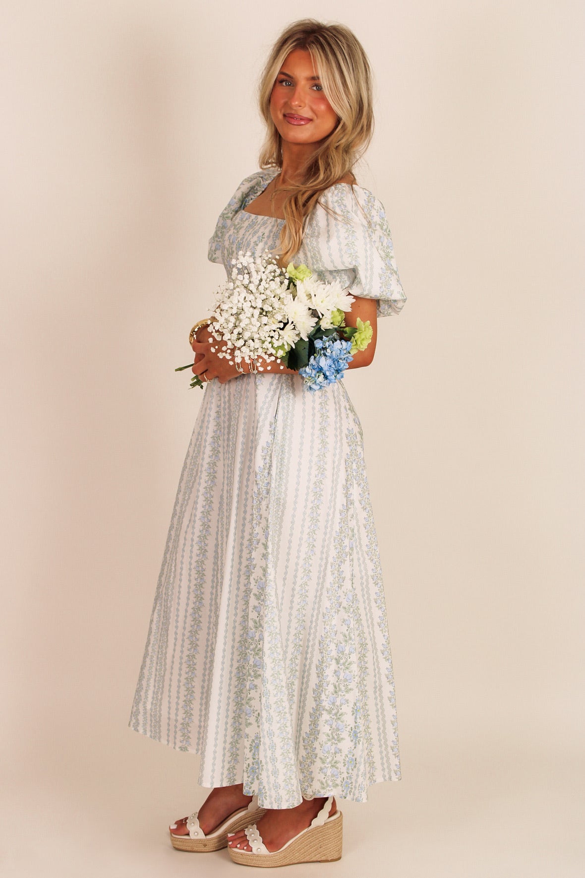 Sweet Moments Floral Print Puff Sleeve Midi Dress -Blue