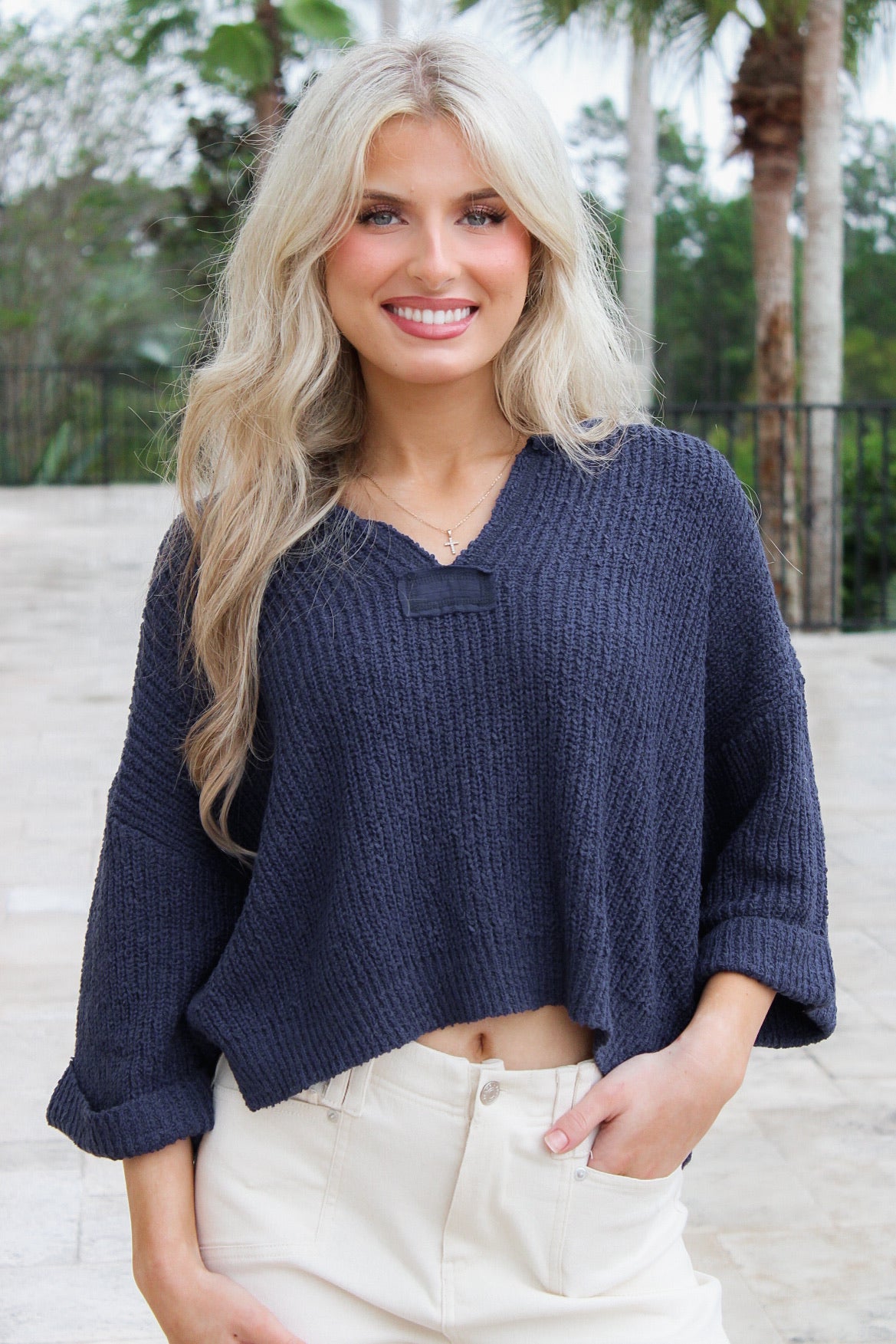 Cozy Dreams Cropped Sweater - Navy