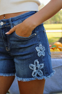 Jacklyn High Rise Flower Patch Shorts - Dk Wash