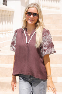 Full Bloom Embroidered Puff Sleeve Top - Brown