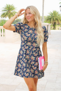 Meadow Lane Puff Sleeve Mini Dress - Denim Multi