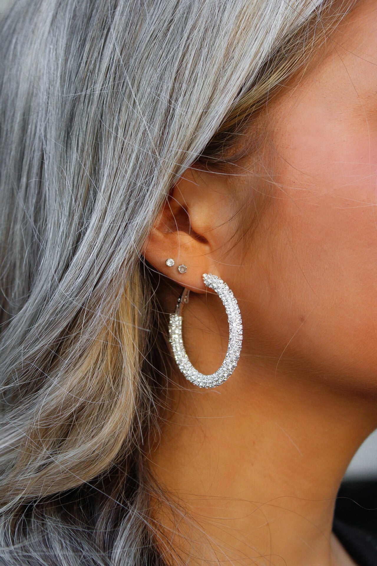 Rhinestone Wrapped Hoop Earrings - Silver