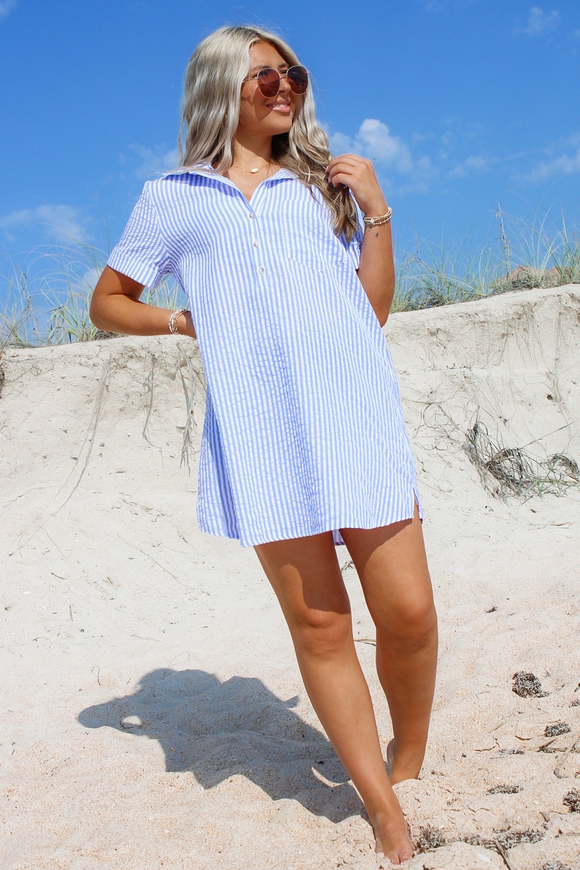 Ready To Sail Seersucker Shirt Dress - Blue/White - Small Ready To Sail Seersucker Shirt Dress - Blue/White - Small