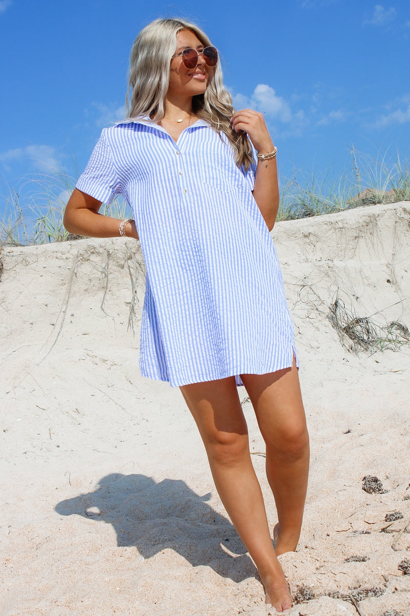 Ready To Sail Seersucker Shirt Dress - Blue/White Makk Fashions Ready To Sail Seersucker Shirt Dress - Blue/White Makk Fashions
