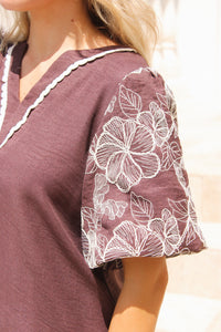Full Bloom Embroidered Puff Sleeve Top - Brown